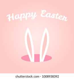 Hand drawn vector illustration with cute bunny ears sticking from a hole, with Happy Easter text. Isolated objects. Vector illustration. Festive design elements. Concept for greeting card, invitation.