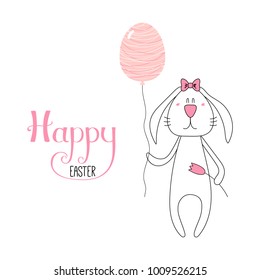 Hand drawn vector illustration of a cute cartoon bunny with tulip, balloon, Happy Easter lettering. Isolated objects. Vector illustration. Festive design elements. Concept for card, invitation.