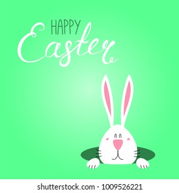 Hand drawn vector illustration with cute cartoon bunny looking from a hole, Happy Easter text. Isolated objects. Vector illustration. Festive design elements. Concept for greeting card, invitation.