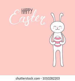 Hand drawn vector illustration with cute cartoon bunny with an egg, Happy Easter lettering. Isolated objects. Vector illustration. Festive design elements. Concept for greeting card, invitation.