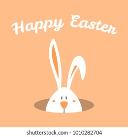 Hand drawn vector illustration with cute cartoon bunny looking from a hole, Happy Easter text. Isolated objects. Vector illustration. Festive design elements. Concept for greeting card, invitation.