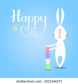 Hand drawn vector illustration of cute cartoon bunny building a tower from eggs, Happy Easter lettering. Isolated objects. Vector illustration. Festive design elements. Concept for card, invitation.