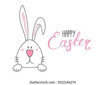 Hand drawn vector illustration with cute cartoon bunny portrait, Happy Easter lettering. Isolated objects. Vector illustration. Festive design elements. Concept for greeting card, invitation.