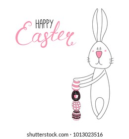 Hand drawn vector illustration of cute cartoon bunny building a tower from eggs, Happy Easter lettering. Isolated objects. Vector illustration. Festive design elements. Concept for card, invitation.