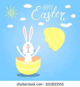 Hand drawn vector illustration with cute cartoon bunny hatching from an egg, Happy Easter lettering. Isolated objects. Vector illustration. Festive design elements. Concept greeting card, invitation.