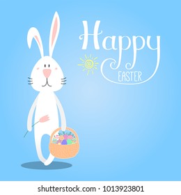 Hand drawn vector illustration with cute cartoon bunny with a basket, Happy Easter lettering. Isolated objects. Vector illustration. Festive design elements. Concept for greeting card, invitation.