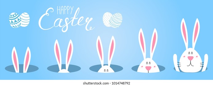 Hand drawn vector illustration with cute cartoon bunny looking from a hole, Happy Easter text. Isolated objects. Vector illustration. Festive design elements. Concept for greeting card, invitation.