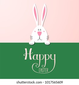 Hand drawn vector illustration with cute cartoon bunny portrait, Happy Easter lettering. Isolated objects. Vector illustration. Festive design elements. Concept for greeting card, invitation.