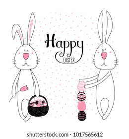 Hand drawn vector illustration of cute cartoon bunnies with eggs, basket, Happy Easter lettering. Isolated objects. Vector illustration. Festive design elements. Concept for card, invitation.