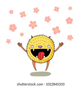 Hand drawn vector illustration of a cute little monster jumping happily among the falling cherry blossoms. Isolated objects on white background. Design concept for children, change of seasons.