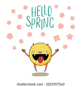 Hand drawn vector illustration of a cute little monster jumping happily among the falling cherry blossoms, with text Hello Spring. Isolated objects on white background. Design concept for children.