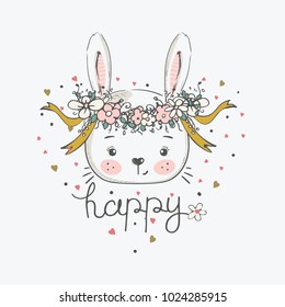 hand drawn vector illustration cute romantic bunny girl and circlet flowers/can be used for kid's baby's shirt design/fashion print design/fashion graphic