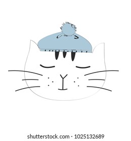 Hand drawn vector illustration of a cute funny cat face in a knitted hat,