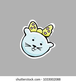 Hand drawn vector illustration. Cute funny kitten. Sticker. Cartoon patch badges.