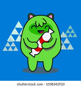 Hand drawn vector illustration of a cute funny cartoon yeti monster, holding a candy