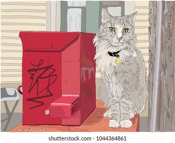 Hand drawn vector illustration. A cute outdoor cat stands on a newspaper stand in a city. Gray and white cat with green eyes.