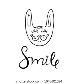 Hand drawn vector illustration with cute bunny and word smile. Can be used for greeting card design, kids tee shirt design, nursery design.