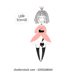 Hand drawn vector illustration of a cute little princess in a pink dress, with text. Isolated objects on white background. Line drawing. Unfilled outline. Design concept for children print.