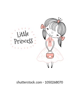 Hand drawn vector illustration of a cute little princess in a pink dress, with text. Isolated objects on white background. Line drawing. Unfilled outline. Design concept for children print.