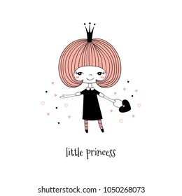 Hand drawn vector illustration of a cute little princess in a black dress, with text. Isolated objects on white background. Line drawing. Unfilled outline. Design concept for children print.