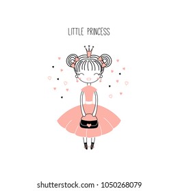 Hand drawn vector illustration of a cute little princess in a pink dress, with text. Isolated objects on white background. Line drawing. Unfilled outline. Design concept for children print.