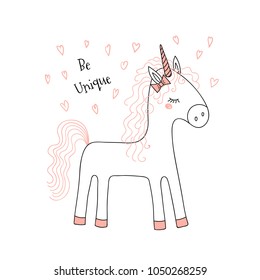 Hand drawn vector illustration of a cute funny unicorn with pink curly mane and tail, with text. Isolated objects on white background. Line drawing. Unfilled outline. Design concept for kids print.