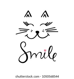 Hand drawn vector illustration with cute cat and word smile. Can be used for greeting card design, kids tee shirt design, nursery design.