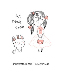 Hand drawn vector illustration of a cute little princess in a pink dress and a kitten, with text. Isolated objects on white background. Line drawing. Unfilled outline. Design concept for kids print.