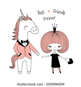 Hand drawn vector illustration of a cute little princess in a black dress and unicorn in a dinner jacket, with text. Isolated objects on white background. Line drawing. Design concept for kids print.