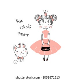 Hand drawn vector illustration of a cute little princess in a pink dress and a kitten, with text. Isolated objects on white background. Line drawing. Unfilled outline. Design concept for kids print.