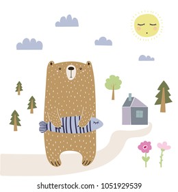 Hand drawn vector illustration of a cute funny bear holding a fish, going home. Isolated objects on white background. Scandinavian style design. Concept for kids apparel, nursery print.