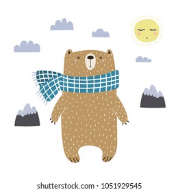 Hand drawn vector illustration of a cute funny bear in a muffler, going for a walk. Isolated objects on white background. Scandinavian style design. Concept for kids apparel, nursery print.