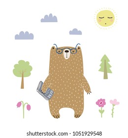 Hand drawn vector illustration of a cute funny bear in glasses with a book, going for a walk. Isolated objects on white background. Scandinavian style design. Concept for kids apparel, nursery print.