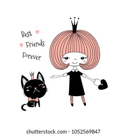 Hand drawn vector illustration of a cute little princess in a black dress and a kitten, with text. Isolated objects on white background. Line drawing. Unfilled outline. Design concept for kids print.