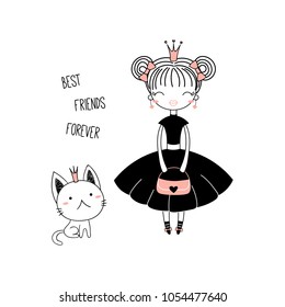 Hand drawn vector illustration of a cute little princess in a black dress and a kitten, with text. Isolated objects on white background. Line drawing. Unfilled outline. Design concept for kids print.