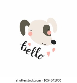 Hand drawn vector illustration of a cute funny dog face, with lettering quote Hello. Isolated objects. Scandinavian style flat design. Concept for children print.