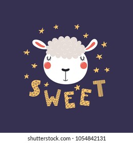 Hand drawn vector illustration of a cute funny lamb face, with stars, lettering quote Sweet. Isolated objects. Scandinavian style flat design. Concept for children print.