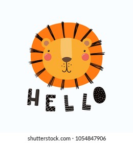 Hand drawn vector illustration of a cute funny lion face, with lettering quote Hello. Isolated objects. Scandinavian style flat design. Concept for children print.