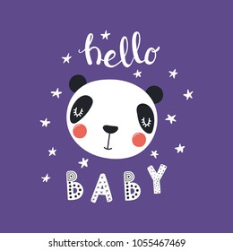 Hand drawn vector illustration of a cute funny panda face, with stars, lettering quote Hello Baby. Isolated objects. Scandinavian style flat design. Concept for children print.