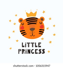 Hand drawn vector illustration of a cute funny tiger face in a crown, with lettering quote Little princess. Isolated objects. Scandinavian style flat design. Concept for children print.