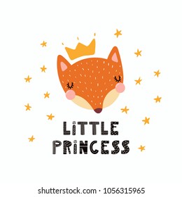 Hand drawn vector illustration of a cute funny fox face in a crown, with lettering quote Little princess. Isolated objects. Scandinavian style flat design. Concept for children print.