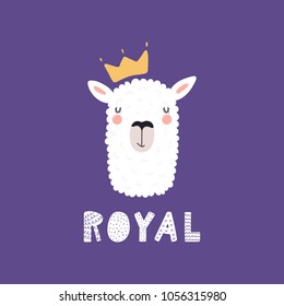 Hand drawn vector illustration of a cute funny llama face in a crown, with lettering quote Royal. Isolated objects. Scandinavian style flat design. Concept for children print.