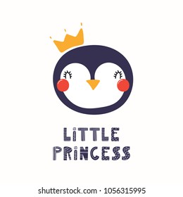 Hand drawn vector illustration of a cute funny penguin face in a crown, with lettering quote Little princess. Isolated objects. Scandinavian style flat design. Concept for children print.