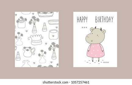 Hand drawn vector illustration with cute little cow. vector print