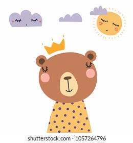 Hand drawn vector illustration of a cute funny bear in a shirt and crown, with sun and clouds. Isolated objects. Scandinavian style flat design. Concept for children print.
