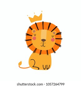 Hand drawn vector illustration of a cute funny lion in a crown. Isolated objects. Scandinavian style flat design. Concept for children print.