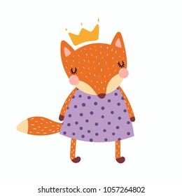 Hand drawn vector illustration of a cute funny fox girl in a dress and crown. Isolated objects. Scandinavian style flat design. Concept for children print.