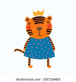 Hand drawn vector illustration of a cute funny tiger girl in a dress and crown. Isolated objects. Scandinavian style flat design. Concept for children print.