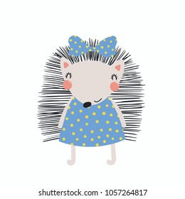 Hand drawn vector illustration of a cute funny hedgehog girl in a dress, with a ribbon. Isolated objects. Scandinavian style flat design. Concept for children print.