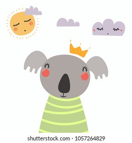 Hand drawn vector illustration of a cute funny koala in a shirt and crown, with sun and clouds. Isolated objects. Scandinavian style flat design. Concept for children print.